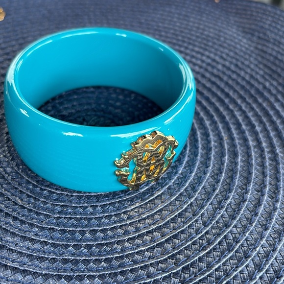 Rare Luxe Authentic ROBERTO CAVALLI Teal Blue Gold Logo Wide Bangle Bracelet - Picture 6 of 6